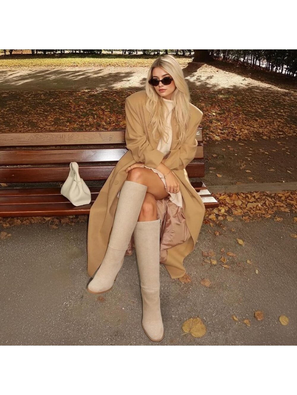 Women's Beige Round Toe Side Zip Chunky Heel Fashion Tall Knee High Casual Boot - Picture 3 of 6